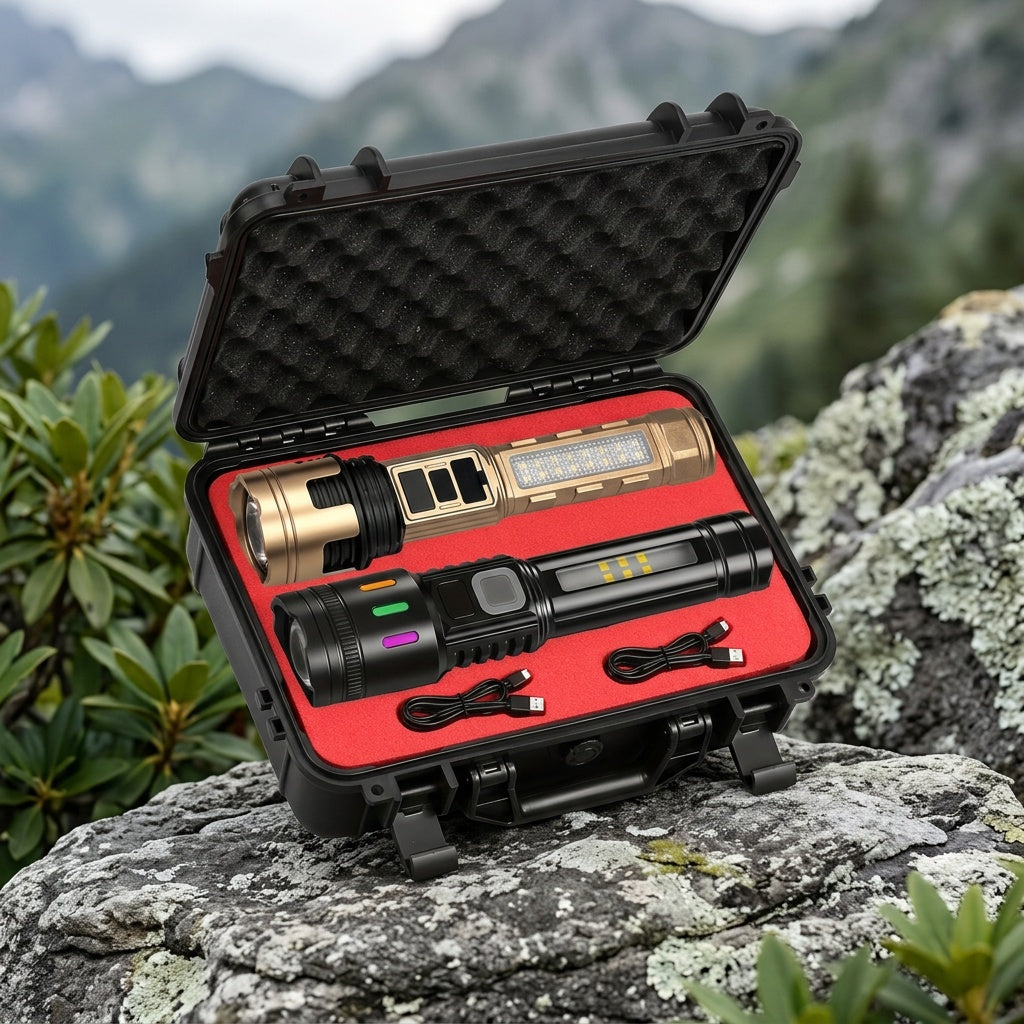2-Piece Rechargeable LED Flashlight Set with Zoomable Beam and Carry Case