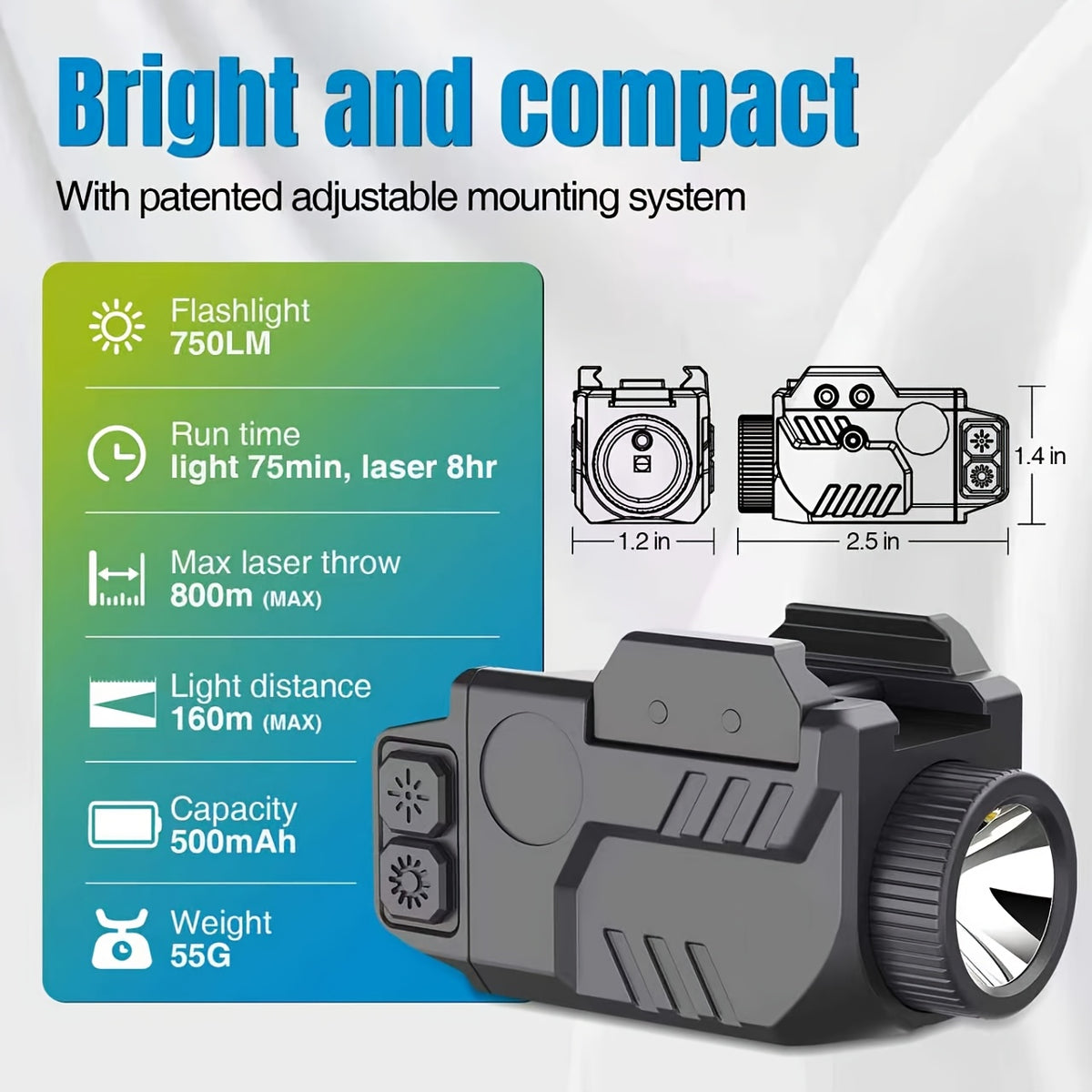 Rechargeable Flashlight and Green Laser Sight Combo SL1085, 750 Lumens with Picatinny Rail Interface, Combined Light and Green Beam Design