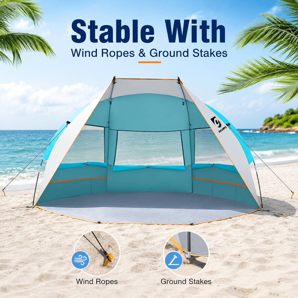 3-Person Beach Sun Shelter with UPF 50+ Fabric, Extended PE Floor and Three Mesh Roll-Up Windows, Portable 4 lb Tent for Beach Days and Outdoor Picnics
