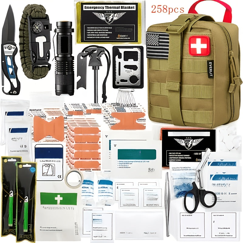 Outdoor Survival Gear Kit with Fire Starter, Compass and Multi-Tools for Camping, 13-in-1 or 258-in-1 Labeled Options and Gift Ideas