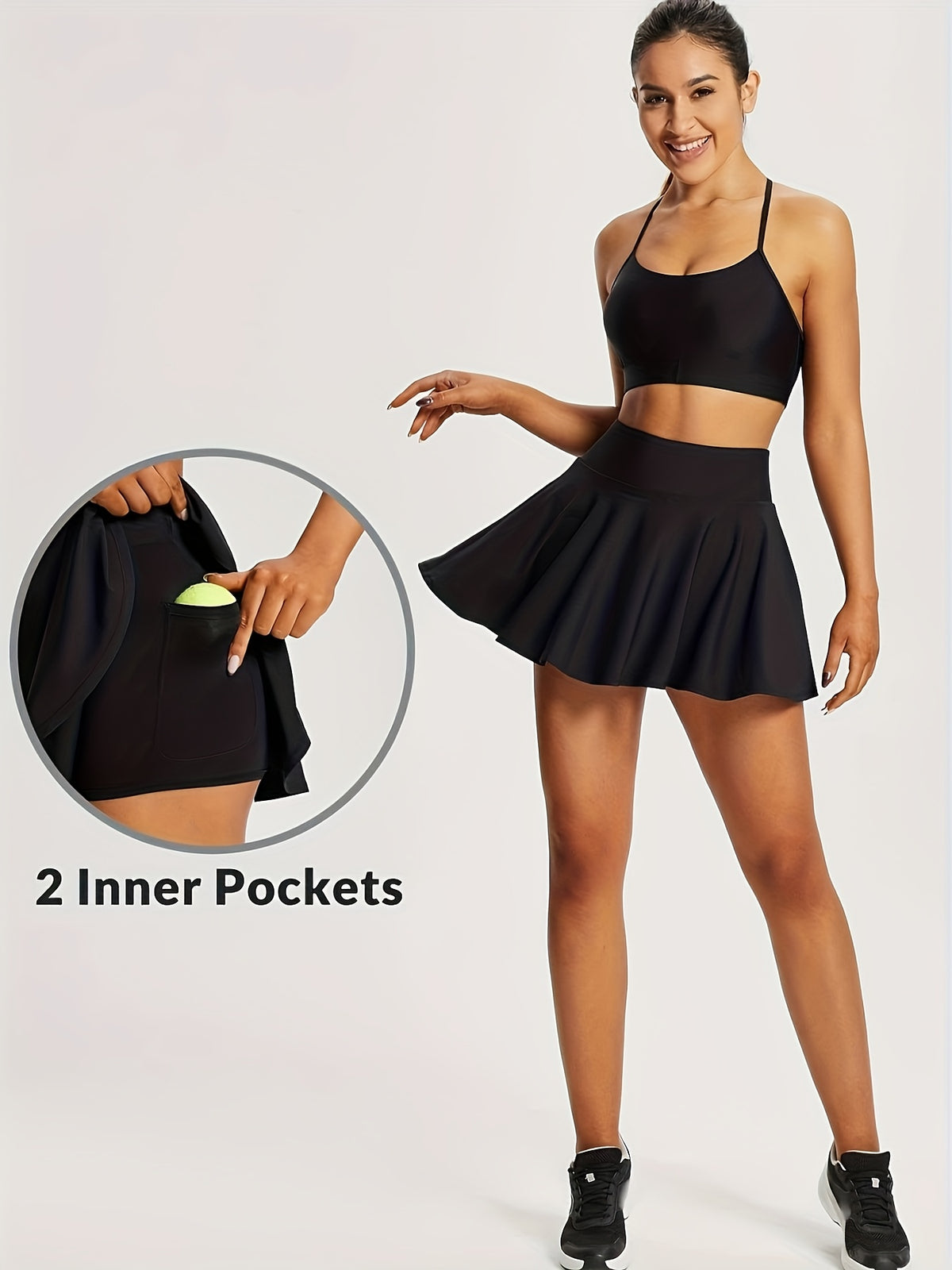 14-Inch Pleated Tennis Skorts for Women, 3-Piece High-Waist Stretch Set with Built-In Shorts, Two Inner Pockets and Side Tie Detail, S–XXL