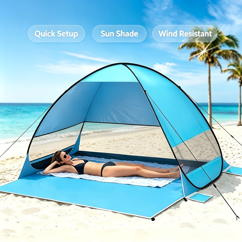 Beach Sun Shade Tent with Quick Pop-Up Setup and Ventilation Windows, Portable Outdoor Shelter in Beige, Blue or Green for Family Beach Days and Camping