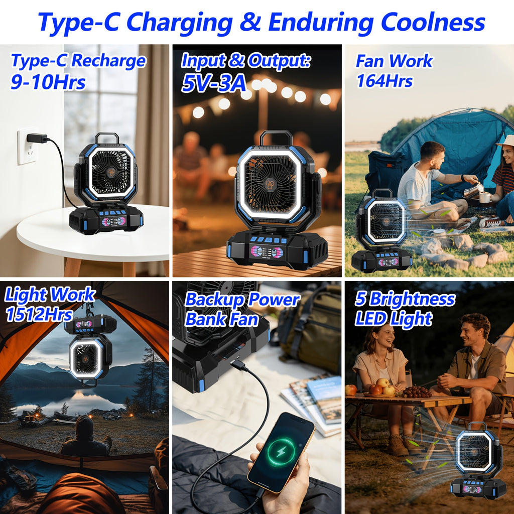 40000mAh Rechargeable Camping Fan with Remote Control, 4 Speeds, Adjustable LED Lights, Timer and Tent Hook for Standing or Hanging Outdoor Use