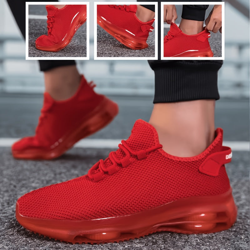 Men's Air Cushion Sneakers, Lightweight Breathable Knit Sports Shoes for Daily Walking, Running and Fitness in White, Black, Red or Khaki