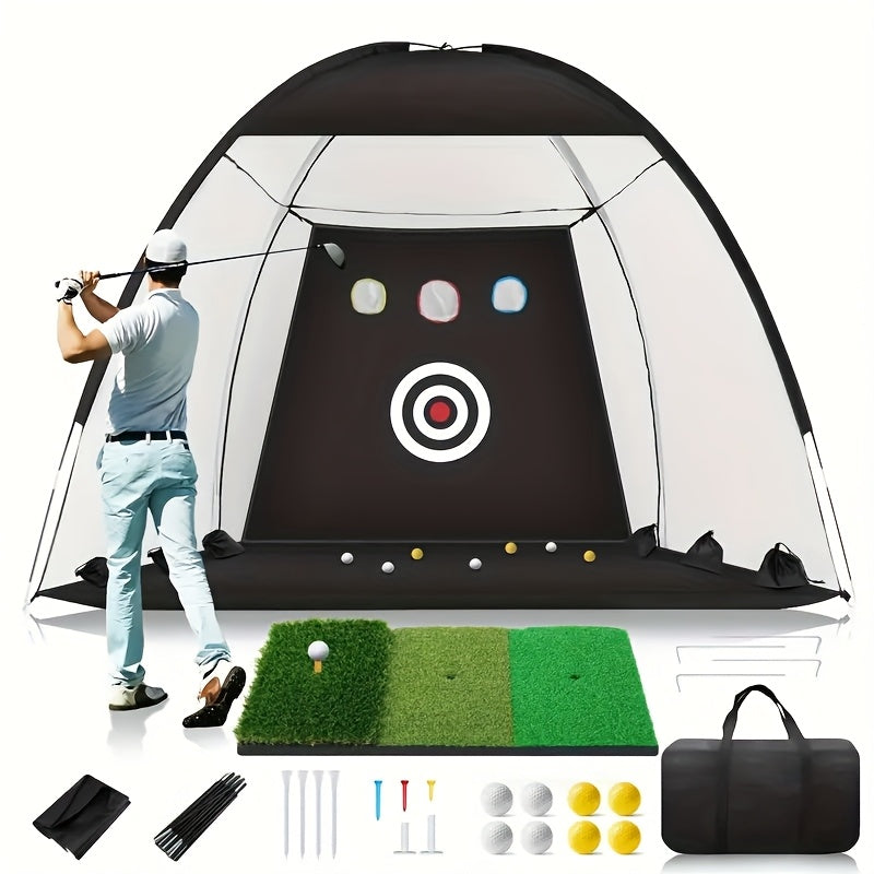 Golf Hitting Net Set 10 x 7 ft with Training Mat, Target and Storage Bag, Indoor Outdoor Practice Setup for Backyard and Home Workout Equipment