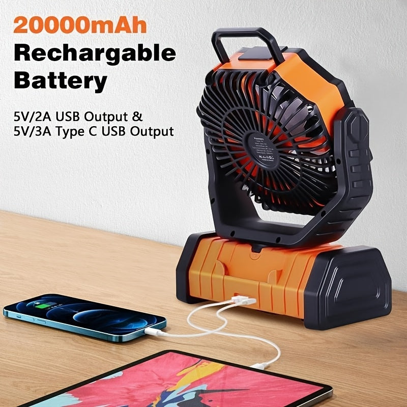 4-Speed Camping Fan with 20000mAh Battery, USB-C Charging and 16 LED Lights, Portable 90-Degree Rotating Tent Fan with Device Charging Outputs