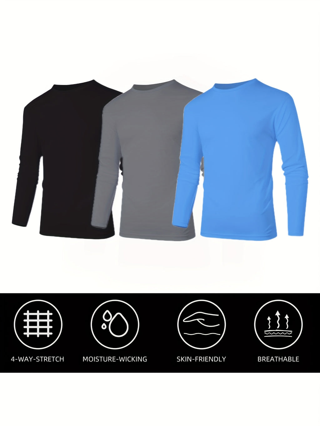 Men's UPF 50+ Quick-Dry Shirt 3-Pack, Long-Sleeve Moisture-Wicking Athletic Tops for Gym, Running, Golf and Beach Use, Mixed Colors