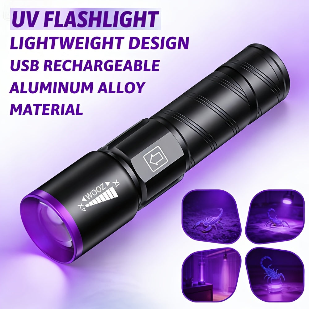 395nm UV Blacklight Flashlight with Adjustable Zoom, USB Rechargeable Aluminum Body and 3 Modes for Fluorescent Stain and Mineral Inspection