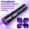 395nm UV Blacklight Flashlight with Adjustable Zoom, USB Rechargeable Aluminum Body and 3 Modes for Fluorescent Stain and Mineral Inspection