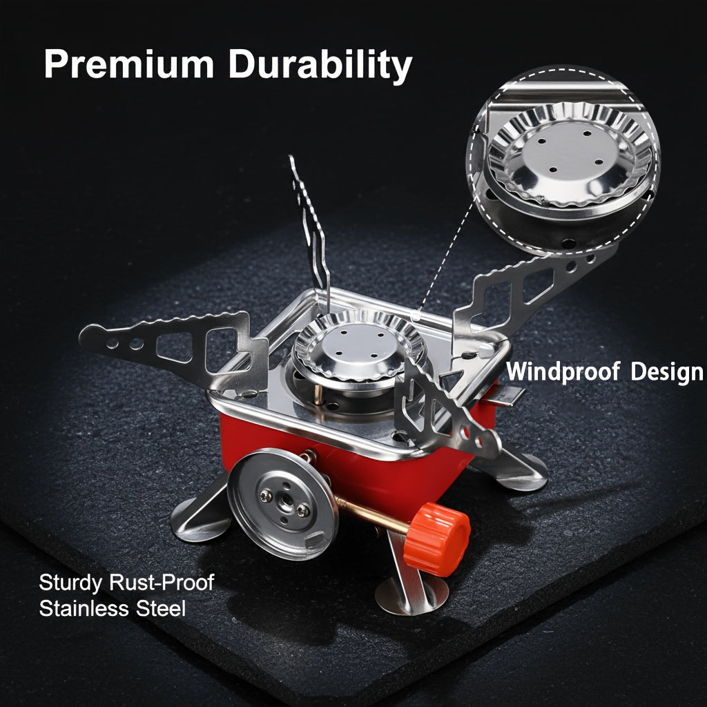 Mini Butane Camping Stove with Folding Supports and Adjustable Flame, Palm-Sized Red Portable Gas Burner for Hiking, Picnics and Outdoor Cooking