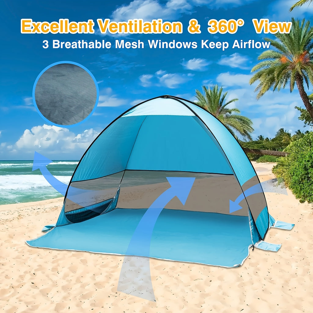 Beach Sun Shade Tent with Quick Pop-Up Setup and Ventilation Windows, Portable Outdoor Shelter in Beige, Blue or Green for Family Beach Days and Camping