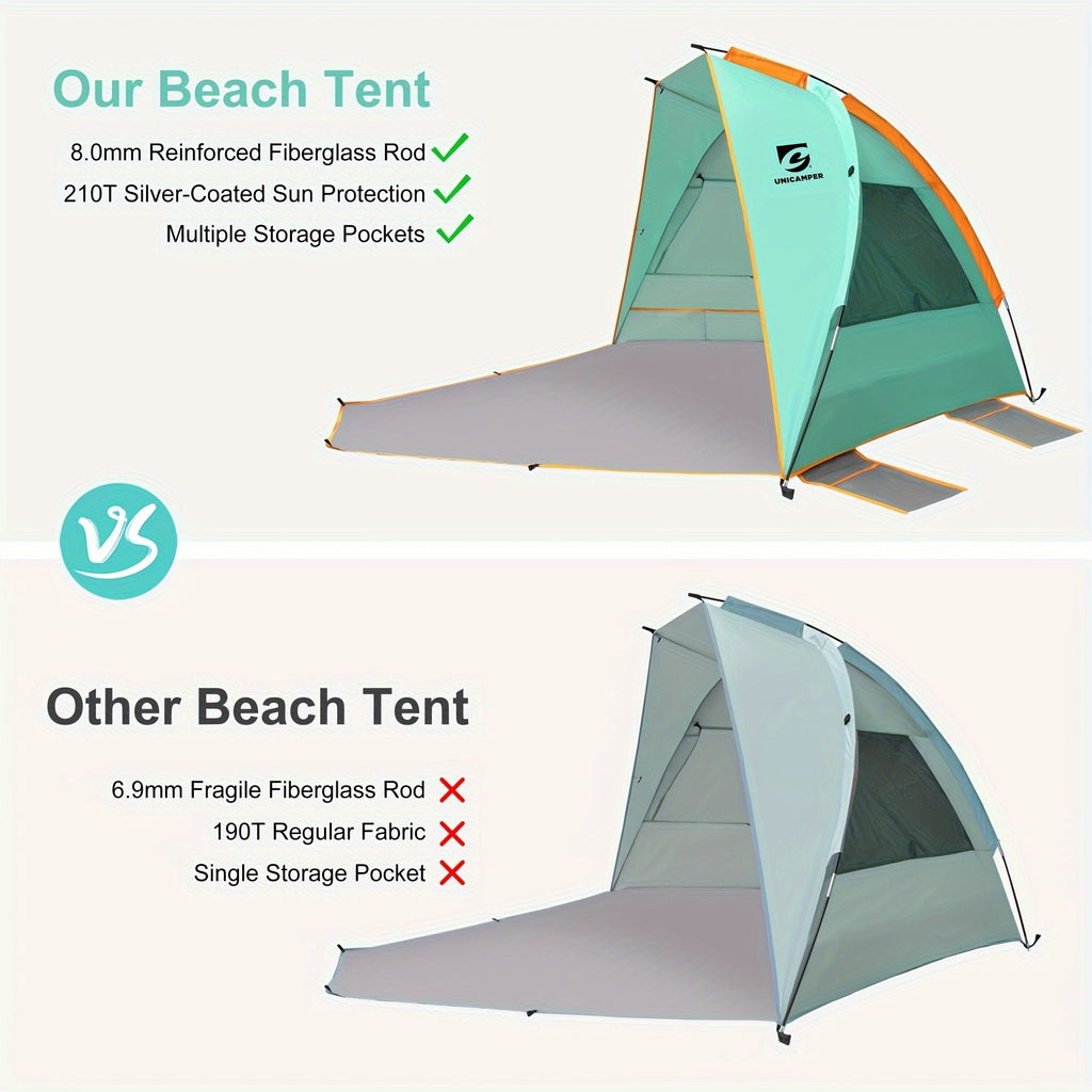 3-Person Beach Sun Shelter with UPF 50+ Fabric, Extended PE Floor and Three Mesh Roll-Up Windows, Portable 4 lb Tent for Beach Days and Outdoor Picnics
