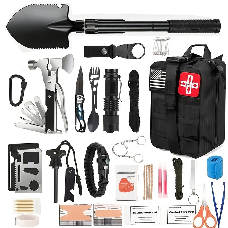 Outdoor Survival Gear Kit with Fire Starter, Compass and Multi-Tools for Camping, 13-in-1 or 258-in-1 Labeled Options and Gift Ideas
