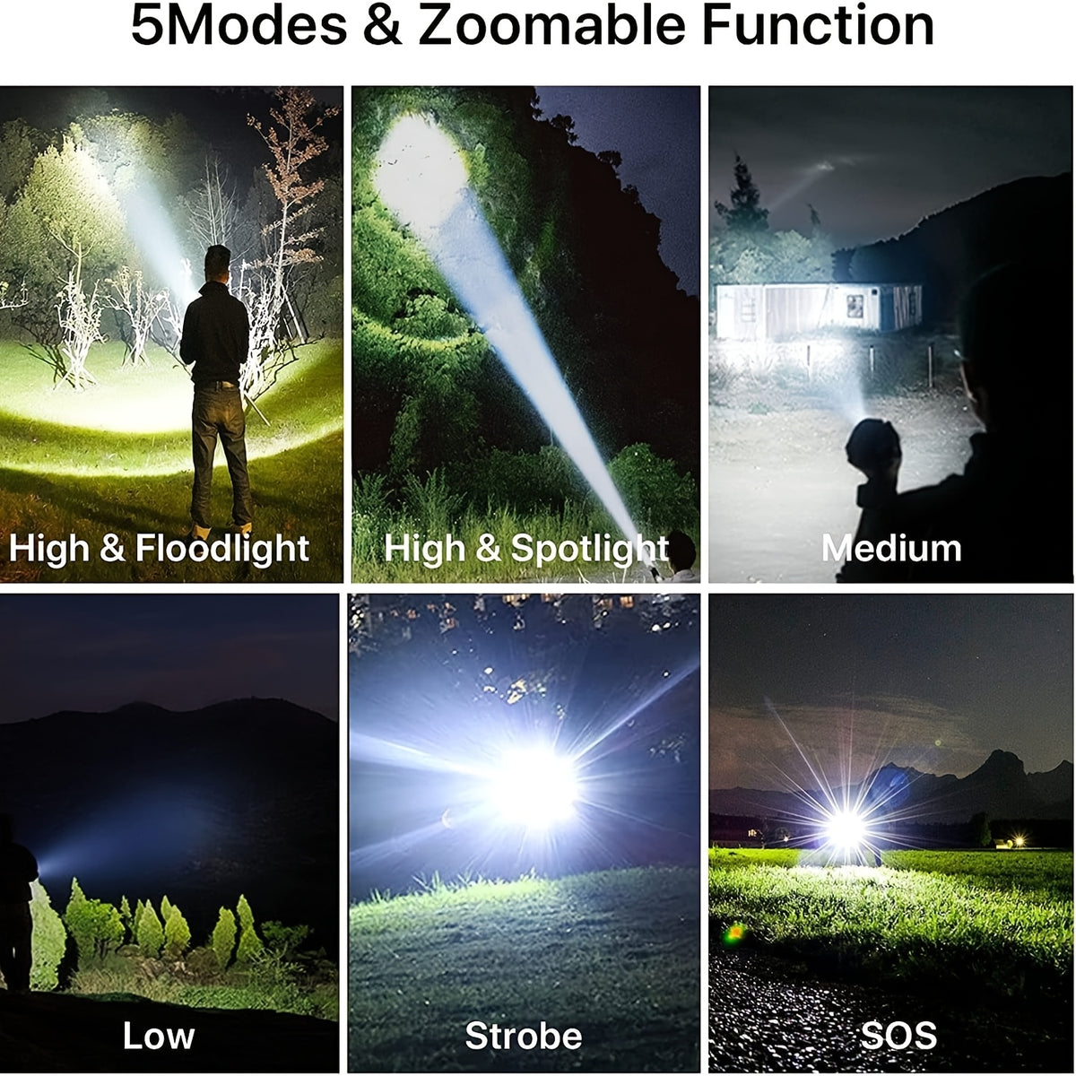6000mAh Rechargeable LED Flashlight with Type-C Charging, Aluminum Alloy Tactical Work Light with Adjustable Spotlight and Floodlight Focus for Outdoor Tasks