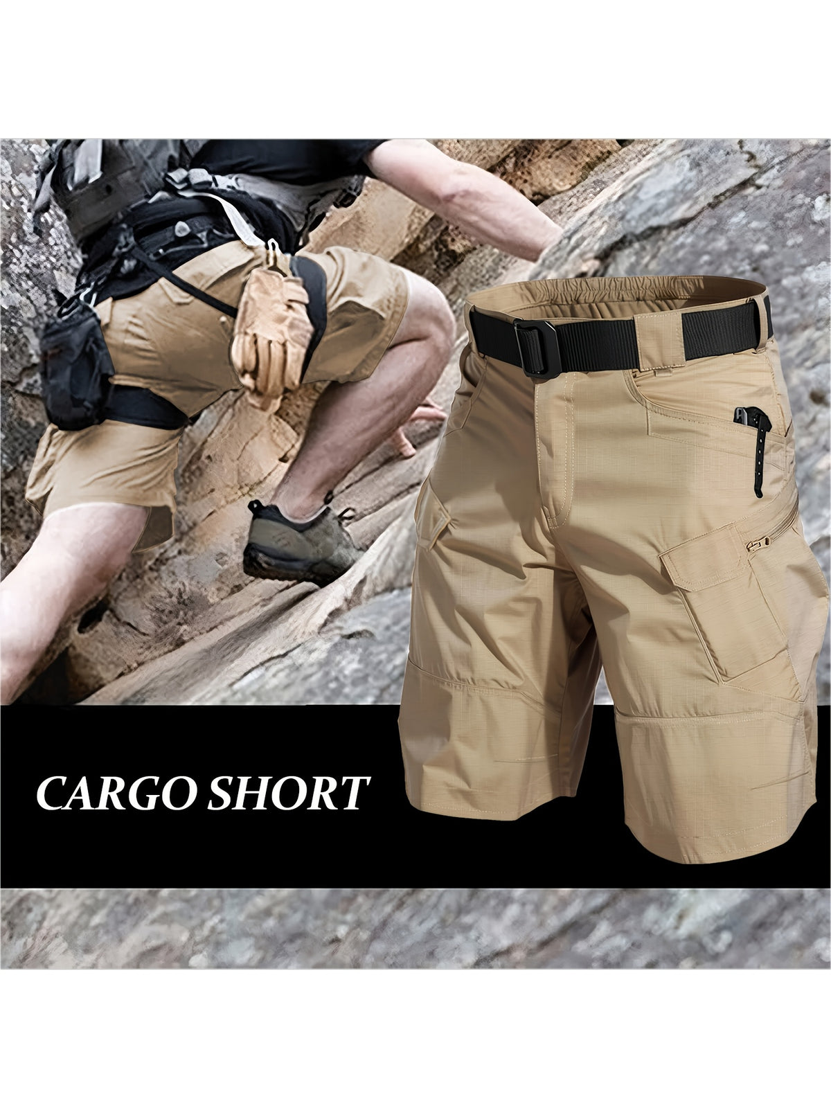 Multi-Pocket Cargo Shorts for Men, Breathable Quick-Dry Tactical-Style Work Shorts in Black, Khaki, Grey or Fern Green for Everyday Outdoor Wear