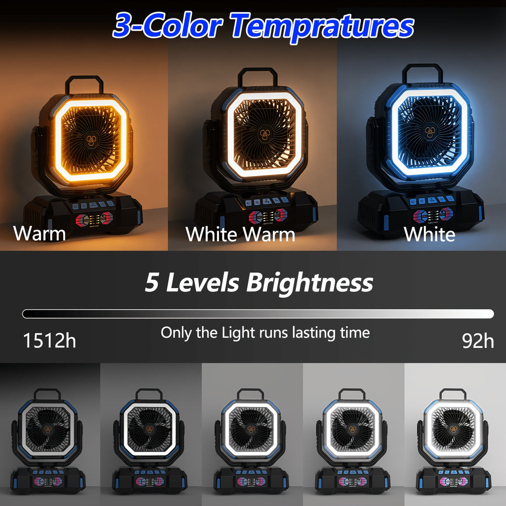 40000mAh Rechargeable Camping Fan with Remote Control, 4 Speeds, Adjustable LED Lights, Timer and Tent Hook for Standing or Hanging Outdoor Use