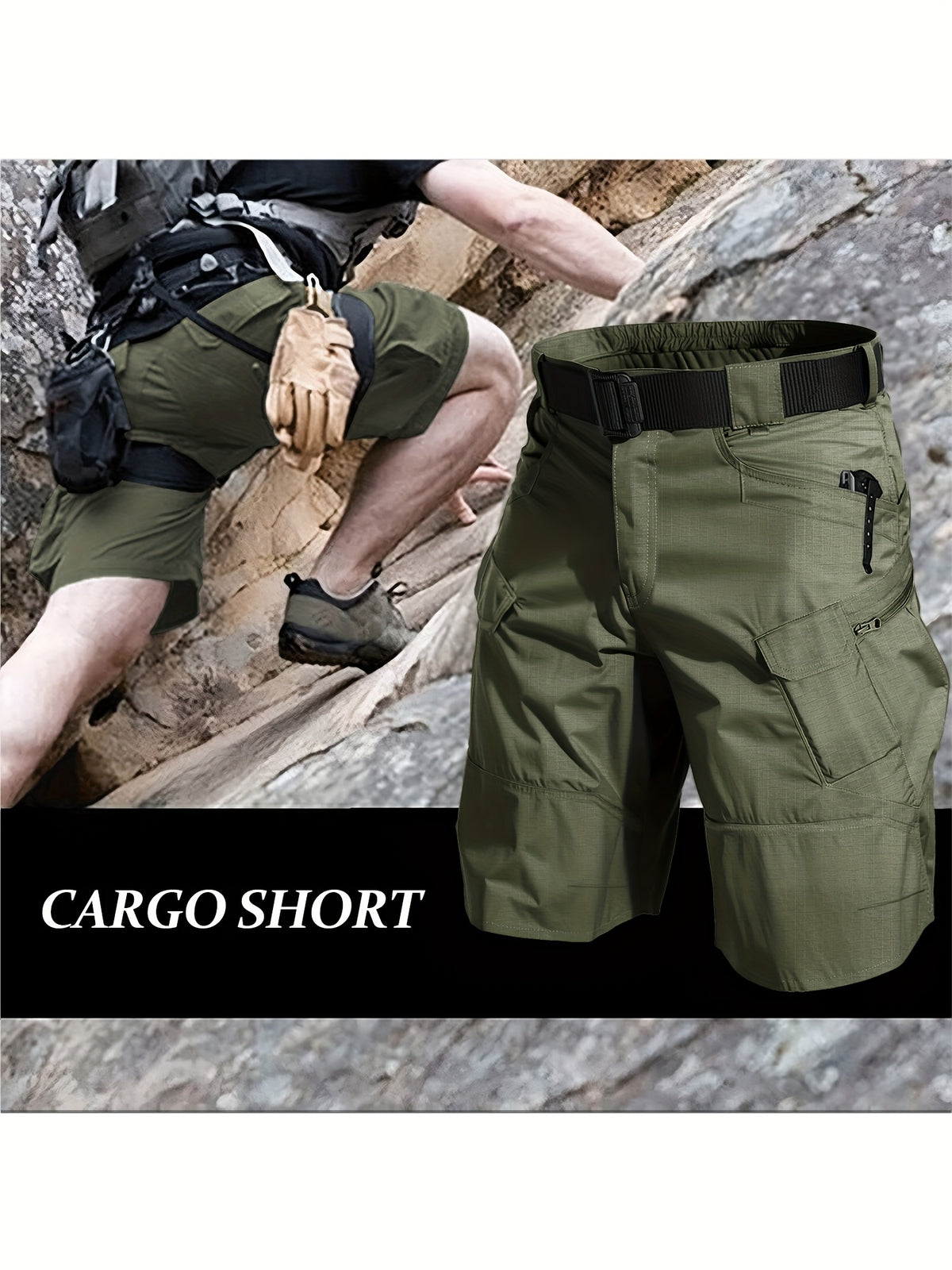 Multi-Pocket Cargo Shorts for Men, Breathable Quick-Dry Tactical-Style Work Shorts in Black, Khaki, Grey or Fern Green for Everyday Outdoor Wear
