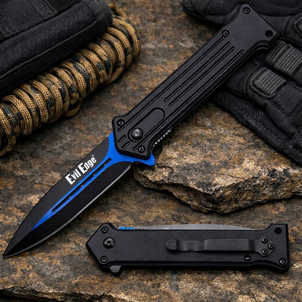 440 Stainless Steel Pocket Knife with Aluminum Handle and Liner Lock, 8-Inch Overall Length and 3.25-Inch Blade, Belt Clip Tool for Adult Camping Utility