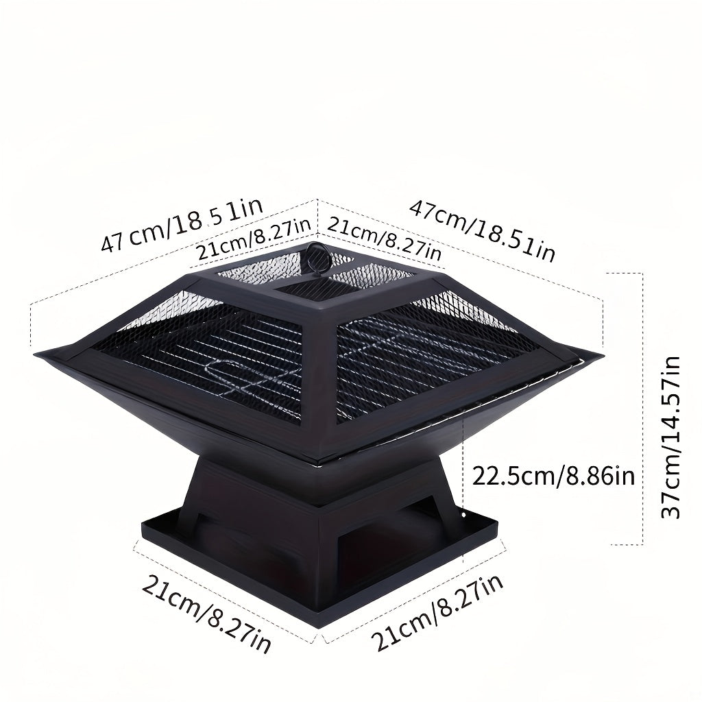 Outdoor Iron Fire Pit 18.5 Inch in Black, Heavy-Duty Lacquered Backyard and Camping Fire Bowl with Combustion Grate, Ash Collector and Charcoal Hook
