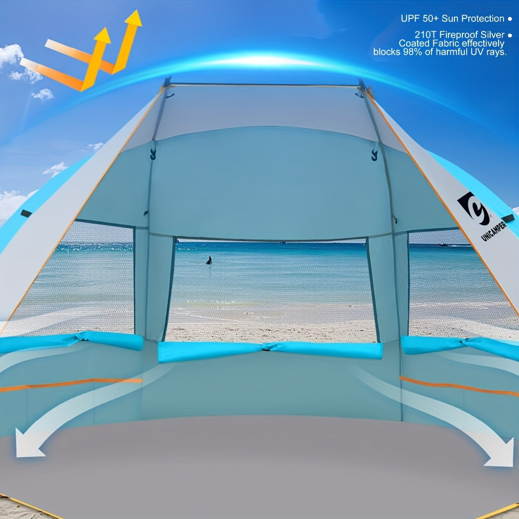 3-Person Beach Sun Shelter with UPF 50+ Fabric, Extended PE Floor and Three Mesh Roll-Up Windows, Portable 4 lb Tent for Beach Days and Outdoor Picnics