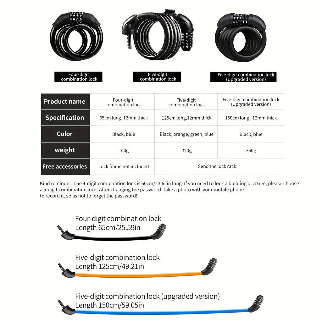 5-Digit Combination Bike Lock by TOSUOD, Coiled Cable in 49.21 or 59.06 Inch Options for Bicycles, Scooters and Motorcycle Parking
