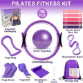 16-Piece Pilates Set with Exercise Ring, Yoga Ball, Resistance Bands, Stretching Strap and Storage Bag for Home Workouts in Purple or Pink