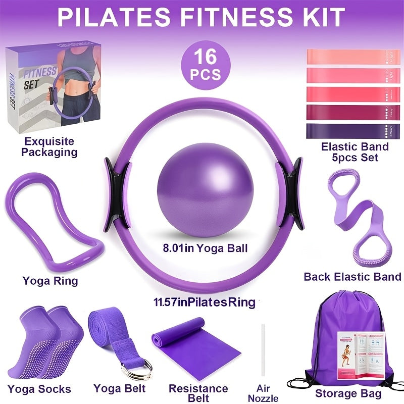 16-Piece Pilates Set with Exercise Ring, Yoga Ball, Resistance Bands, Stretching Strap and Storage Bag for Home Workouts in Purple or Pink