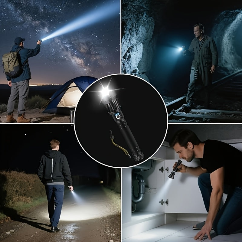 6000mAh Rechargeable LED Flashlight with Type-C Charging, Aluminum Alloy Tactical Work Light with Adjustable Spotlight and Floodlight Focus for Outdoor Tasks