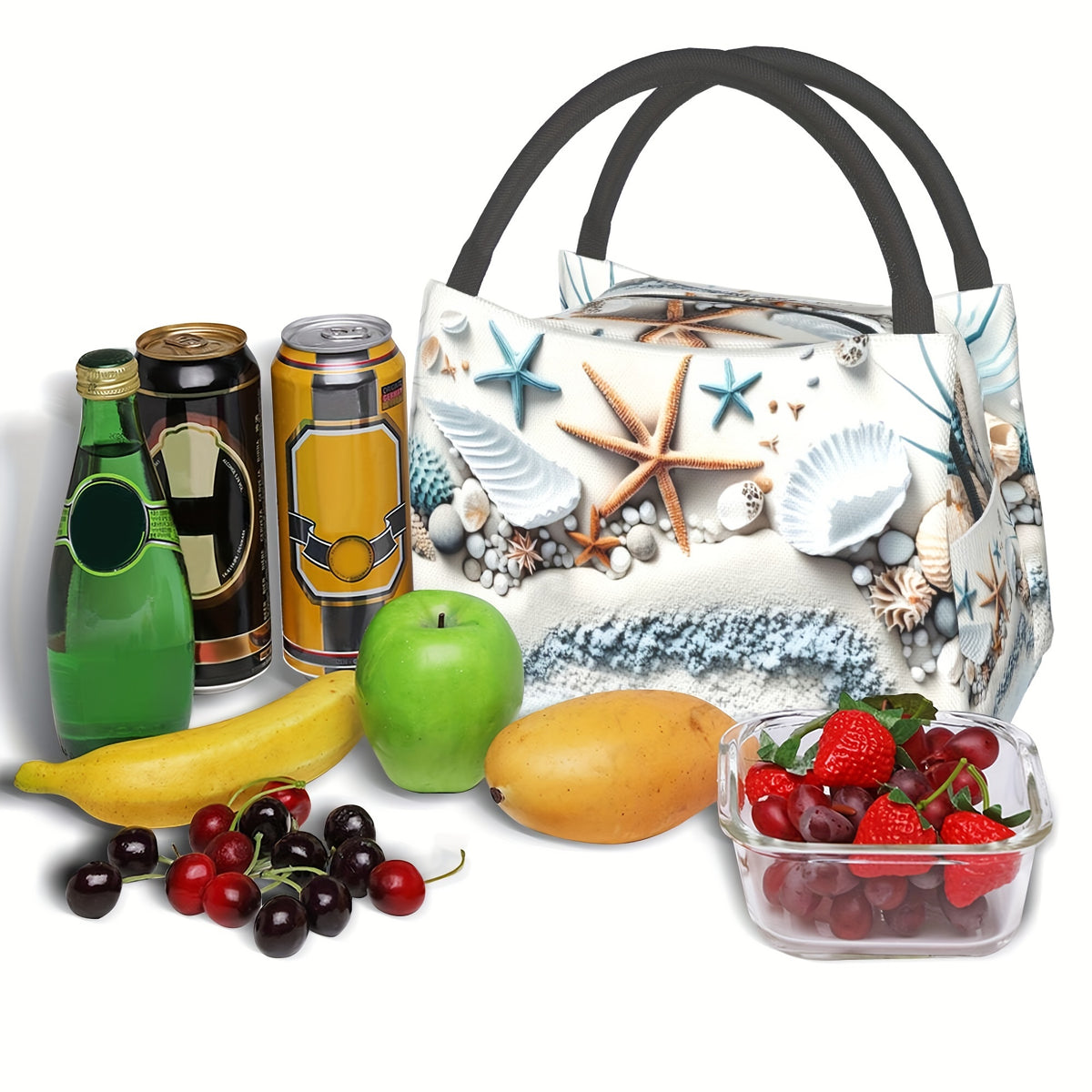 Shell Design Insulated Lunch Bag, Reusable Polyester Cooler Tote, 11 x 6.5 x 7 Inches for Beach Days, Camping, Picnics and Outdoor Meals