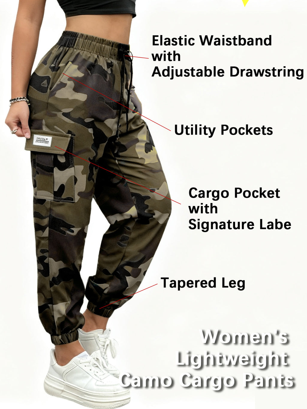 Women's Tapered Cargo Pants with Elastic Drawstring Waist, Lightweight Quick-Dry Outdoor Style in Three Colors and Sizes XS to XXL
