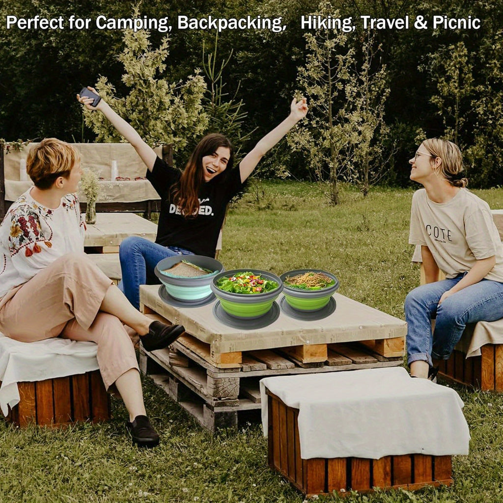 Foldable Camping Bowls with Lids, 3-Piece Silicone Food Container Set with Folding Utensils and Storage Bag for Picnic Salads and Packed Lunches