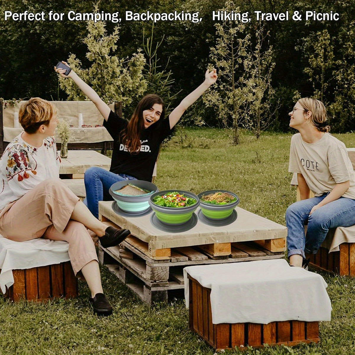 Foldable Camping Bowls with Lids, 3-Piece Silicone Food Container Set with Folding Utensils and Storage Bag for Picnic Salads and Packed Lunches