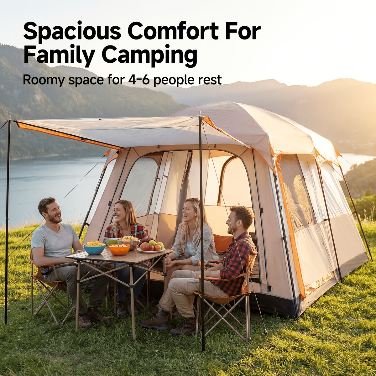 4–6 Person Camping Tent in Quicksand Golden, Portable Outdoor Shelter with Listed Sunshade and Mosquito Protection for Family and Group Campsite Trips