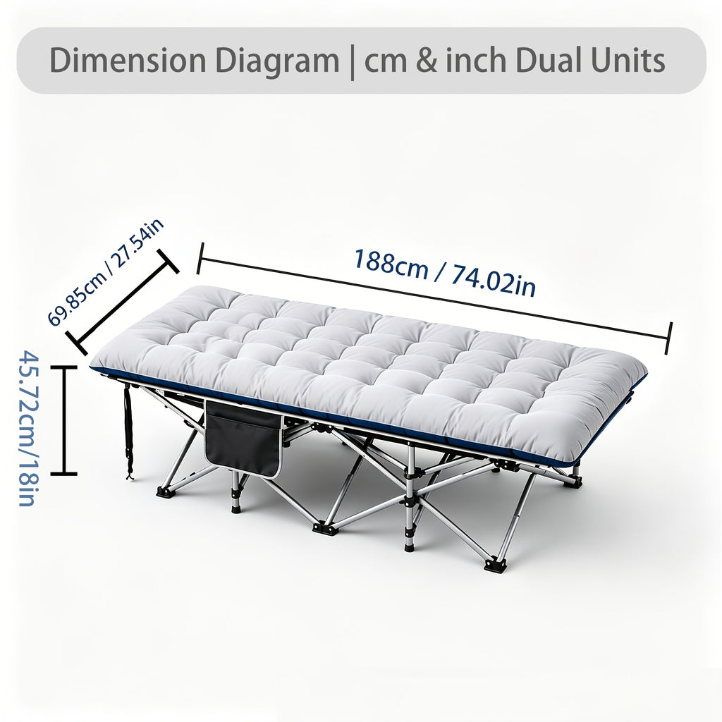 Steel-Frame Camping Cot, Heavy-Duty Folding Outdoor Bed with Side Pocket and Anti-Slip Feet, Black, Grey or Blue, Multiple Model Options