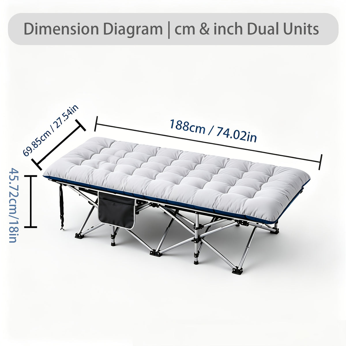 Steel-Frame Camping Cot, Heavy-Duty Folding Outdoor Bed with Side Pocket and Anti-Slip Feet, Black, Grey or Blue, Multiple Model Options