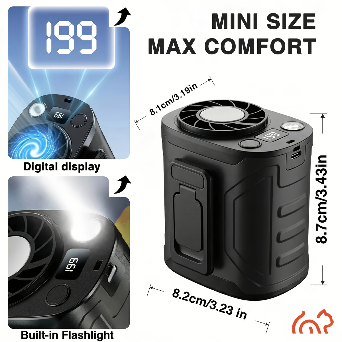 5000mAh Portable Waist Fan with 199 Speed Settings, Listed 18000 RPM Brushless Motor and LED Power Display in Orange, Green or Black, 1 or 2 Pieces