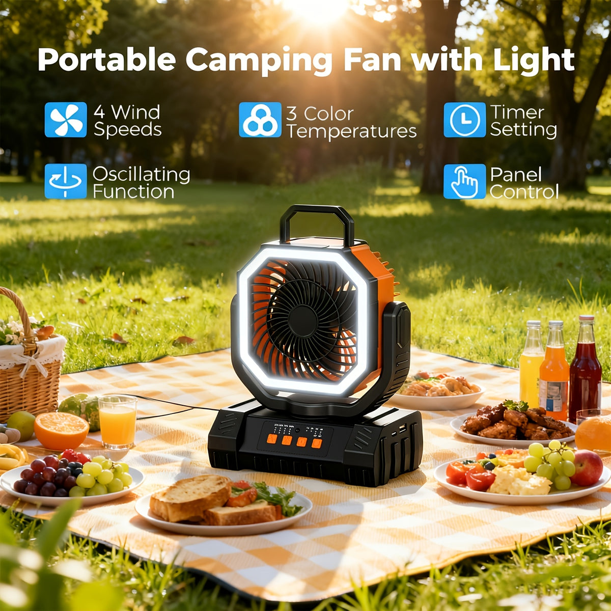 3-in-1 Camping Fan with Dimmable LED Tent Light and 20000mAh Power Bank, Four-Speed Portable Fan with 360-Degree Adjustment for Campsite and Backyard Use