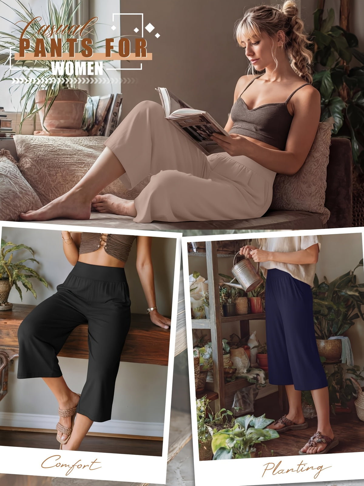 Women's Loose Capri Jogger Pants with Pockets, 3-Pack
