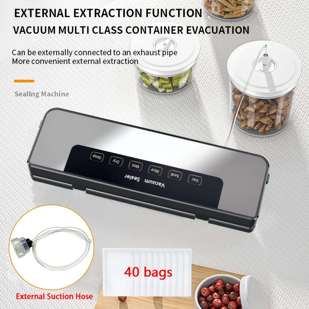 65kPa Food Vacuum Sealer with Wet and Dry Modes, 40 Storage Bags and External Vacuum Hose for Home Kitchen Portion Packing and Camping Meal Prep