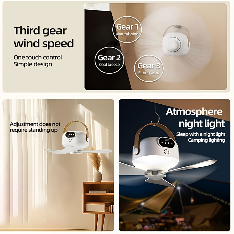 Tent Ceiling Fan with LED Illumination, Rechargeable Portable Camping Fan with 3 Removable Blades and 3 Speeds for RVs, Gazebos and Dorm Rooms