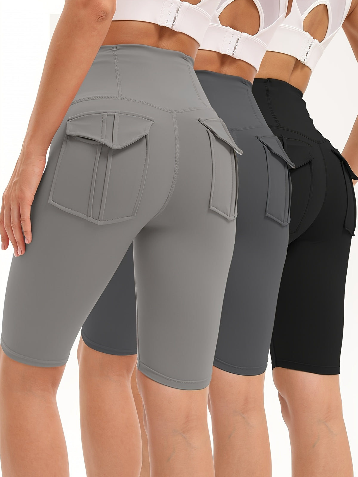 Nylon Spandex Biker Shorts 5-Pack for Women, High-Waist Stretch Workout Shorts with Two Back Pockets for Yoga, Running and Casual Wear