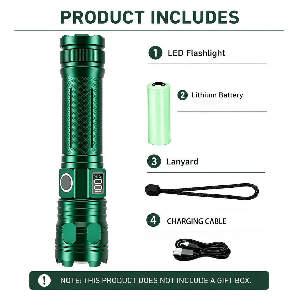 5-Mode Rechargeable LED Flashlight with Digital Power Display, Zoomable Aluminum Alloy Handheld Torch in Green with Hanging Strap and Lithium Battery