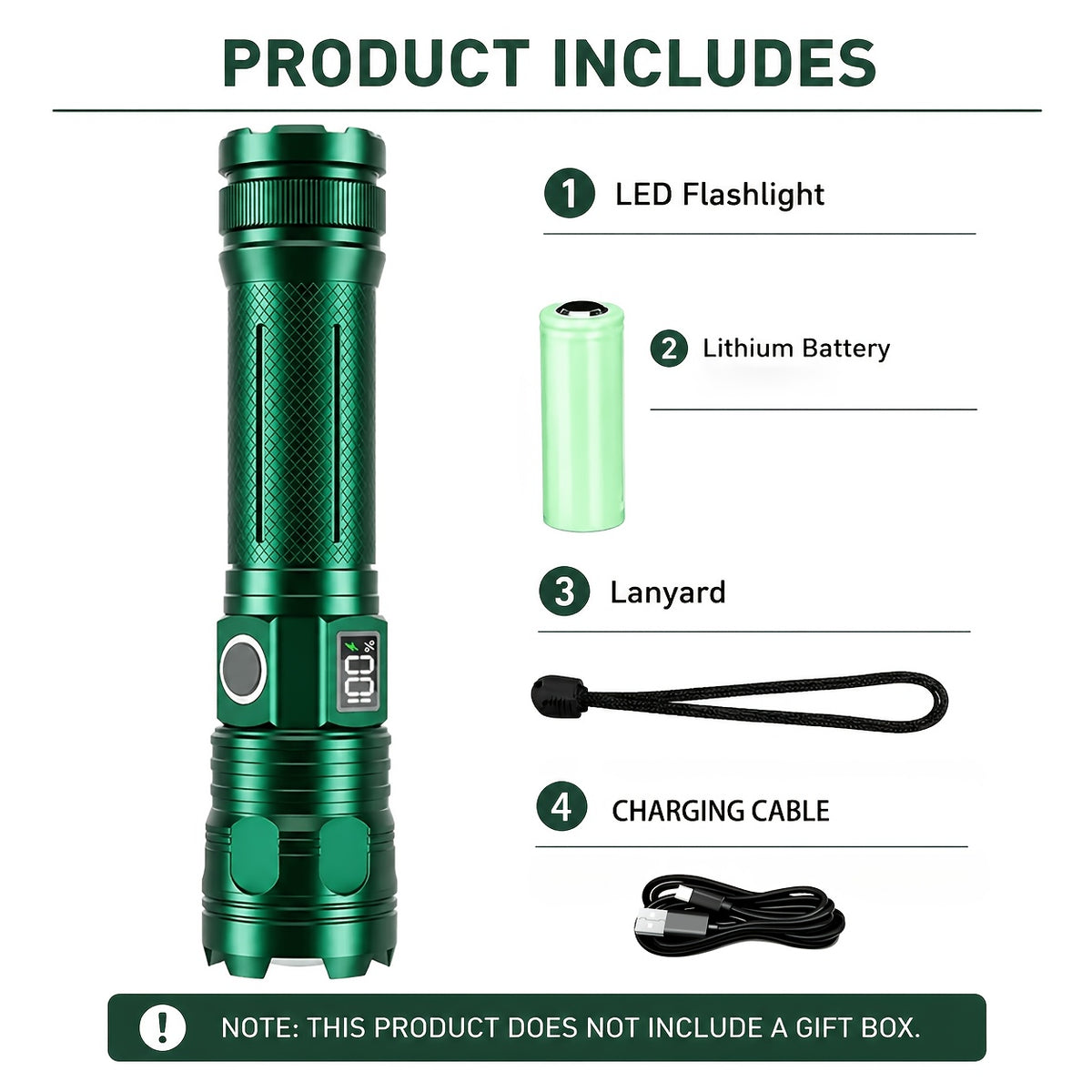 5-Mode Rechargeable LED Flashlight with Digital Power Display, Zoomable Aluminum Alloy Handheld Torch in Green with Hanging Strap and Lithium Battery