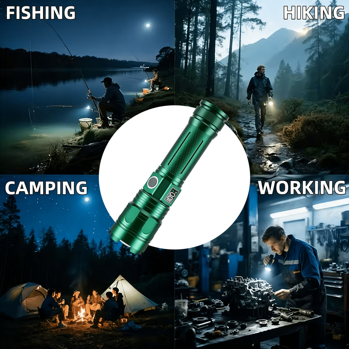 5-Mode Rechargeable LED Flashlight with Digital Power Display, Zoomable Aluminum Alloy Handheld Torch in Green with Hanging Strap and Lithium Battery
