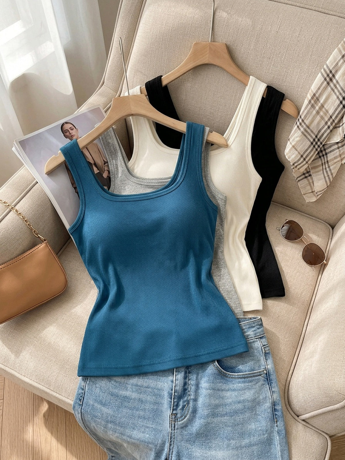Women's Fitted Tank Tops 4-Pack, Mixed-Color Solid Layering Vest Shirts for Spring and Autumn, Everyday Inner or Outer Wear in Sizes S–XXL