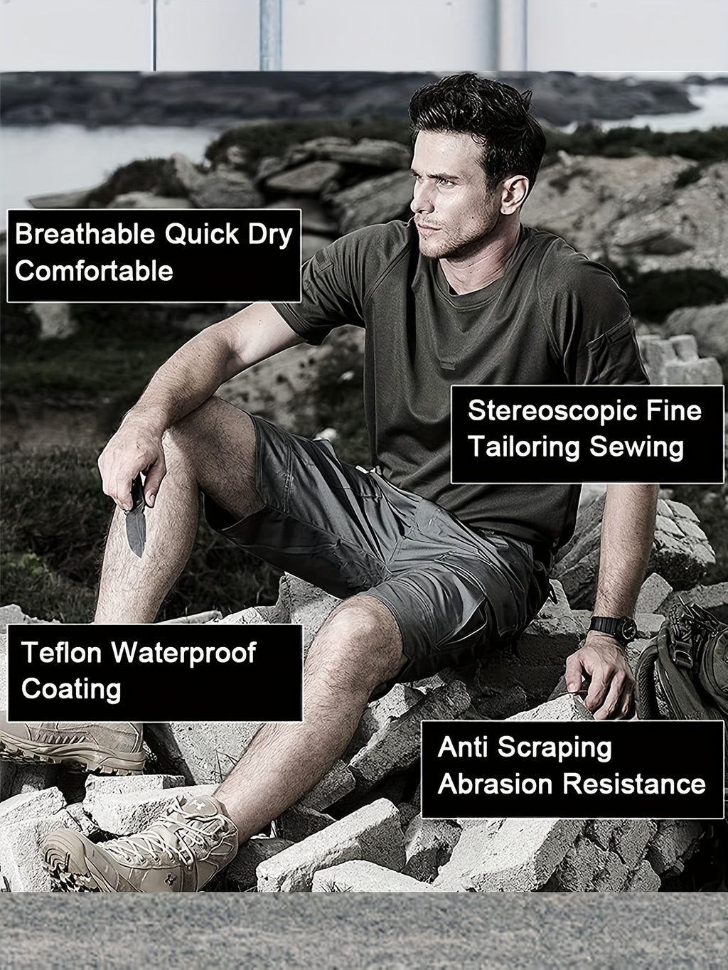 Multi-Pocket Cargo Shorts for Men, Breathable Quick-Dry Tactical-Style Work Shorts in Black, Khaki, Grey or Fern Green for Everyday Outdoor Wear
