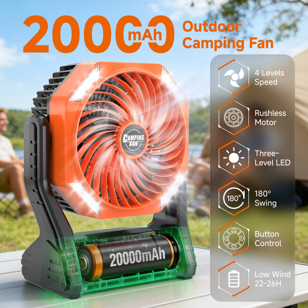 Portable Outdoor Desk Fan with LED Light, Camping Cooling Gear with Orange, Green, Black, Gray and Pink Color and Model Options
