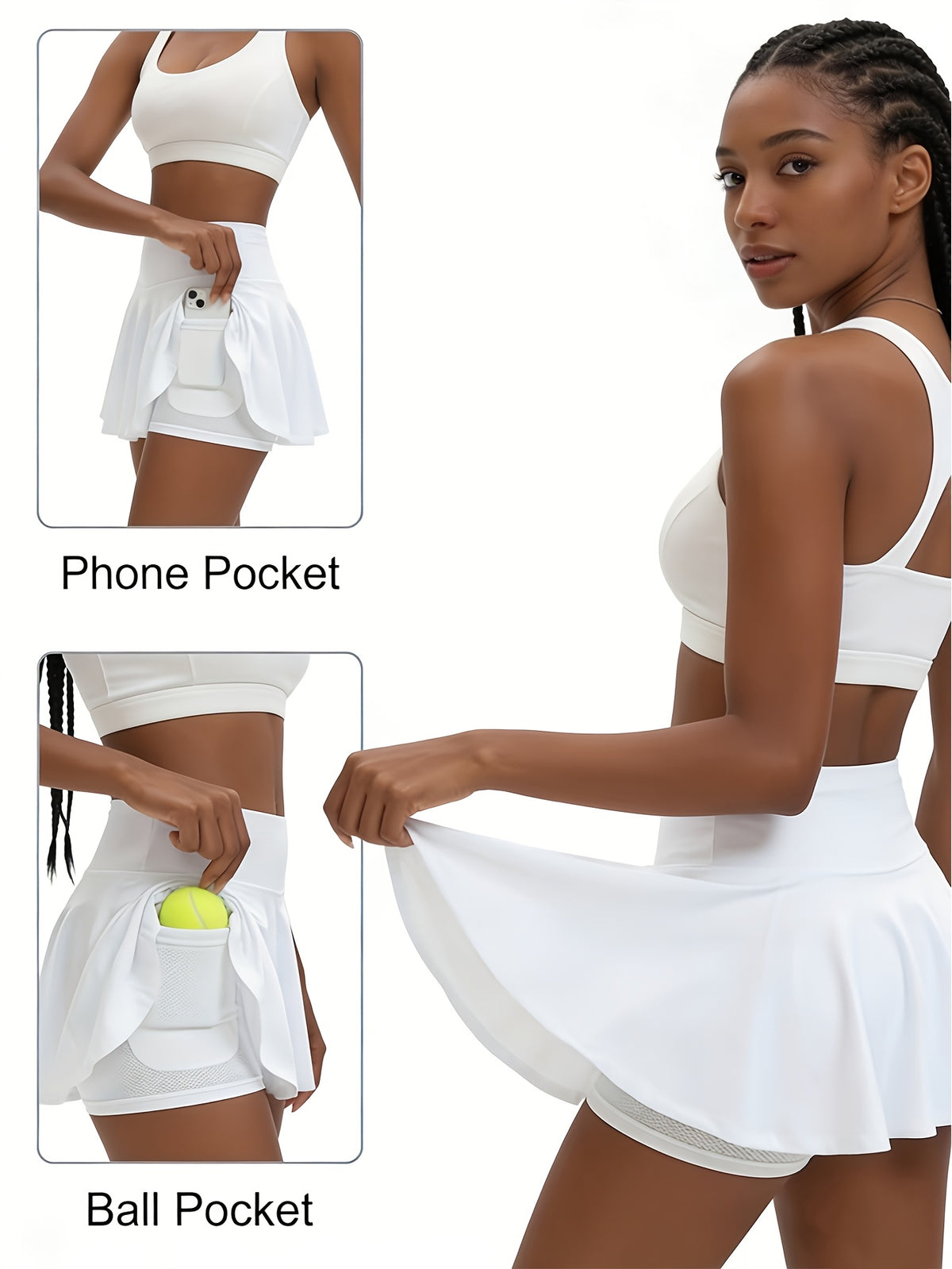 14-Inch Pleated Tennis Skorts for Women, 3-Piece High-Waist Stretch Set with Built-In Shorts, Two Inner Pockets and Side Tie Detail, S–XXL