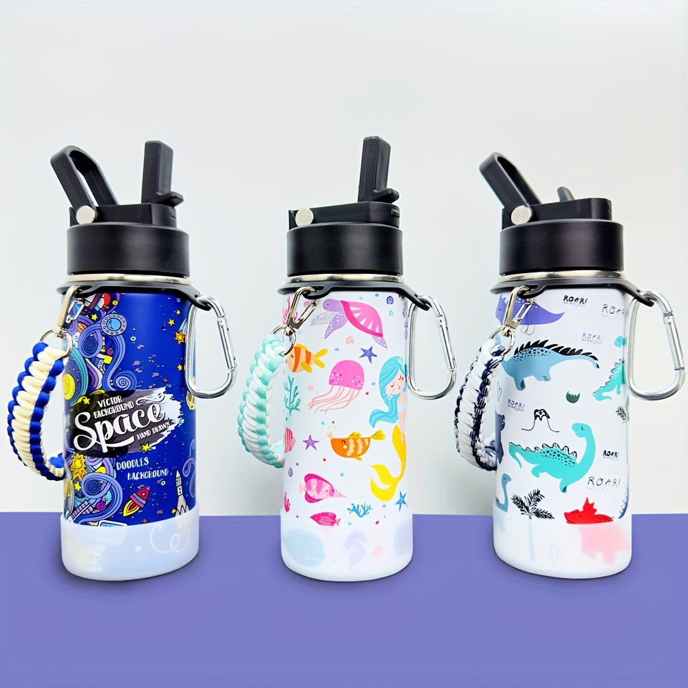 16oz Student Insulated Water Bottle, Stainless Steel Vacuum Flask with One-Hand Lid, Carry Strap and Seven Designs for School and Outdoor Trips