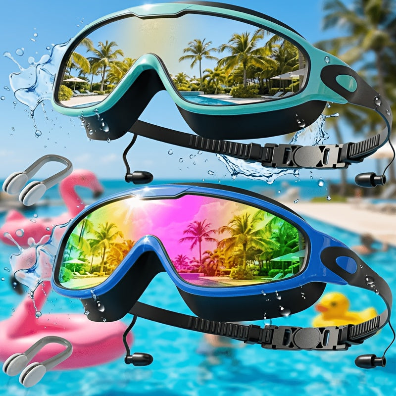 Wide-View Swimming Goggles with Mirrored Lenses, Earplugs, Nose Clip and Phone Pouch, Turquoise Blue or Lake Blue Pool and Outdoor Travel Accessory